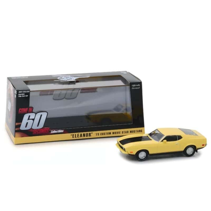 Miniatura coche Ford Mustang Mach 1 Eleanor 1973 amarillo película 60 segundos a escala 1/43 en embalaje de urna con soporte Greenlight