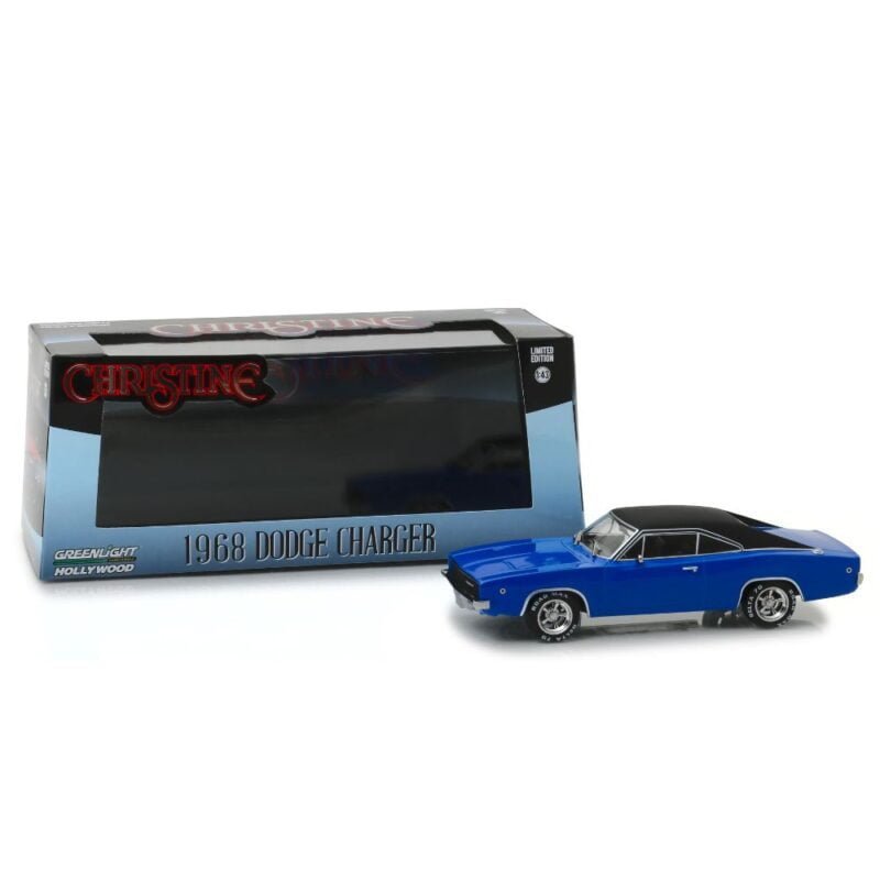 Miniatura coche Dodge Charger 1968 azul Dennis Guilder de la película Christine a escala 1/43 en embalaje de urna con soporte Greenlight