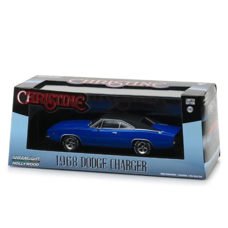 Miniatura coche Dodge Charger 1968 azul Dennis Guilder de la película Christine a escala 1/43 en embalaje de urna con soporte Greenlight