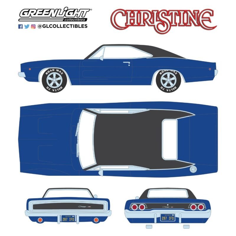 Ilustración coche Dodge Charger 1968 azul Dennis Guilder de la película Christine Greenlight