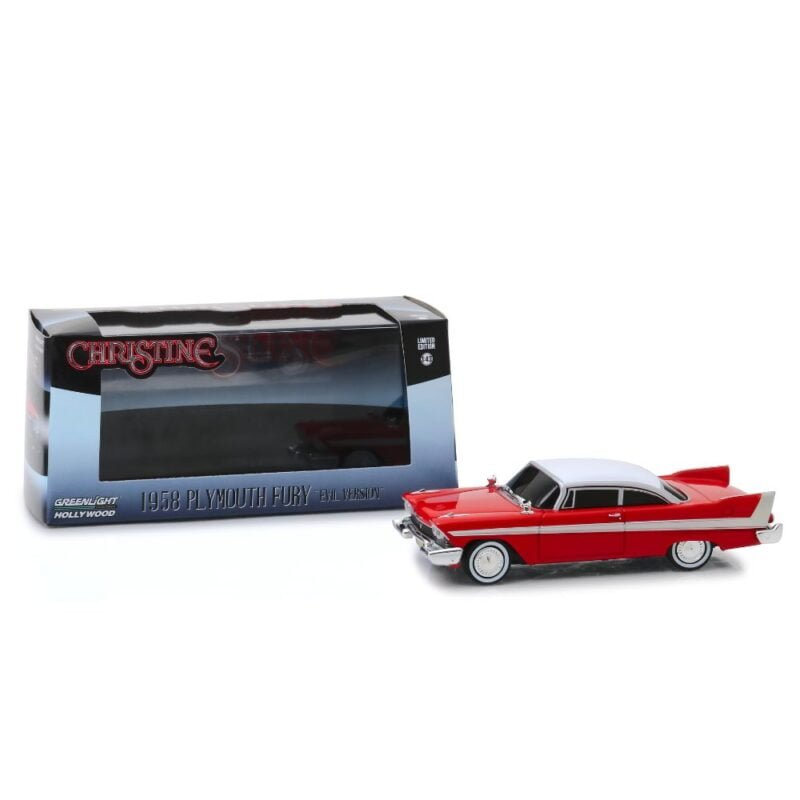 Miniatura coche Plymouth Fury 1959 rojo versión diabólica con cristales tintados de la película Christine a escala 1/43 en embalaje de urna con soporte Greenlight