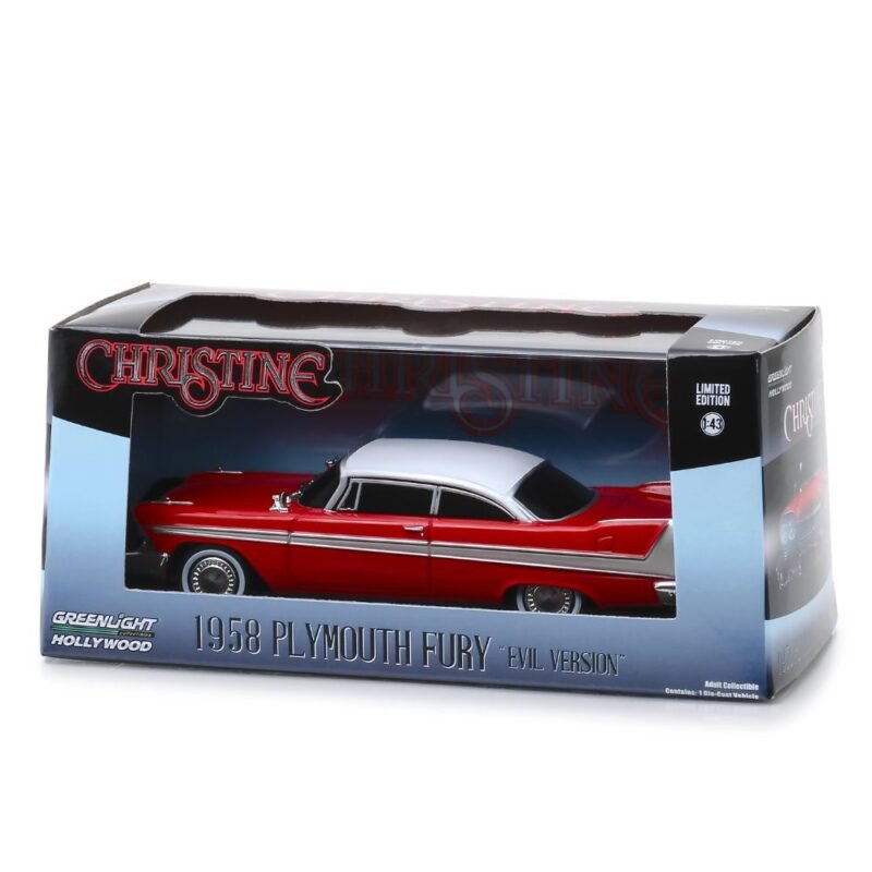 Miniatura coche Plymouth Fury 1959 rojo versión diabólica con cristales tintados de la película Christine a escala 1/43 en embalaje de urna con soporte Greenlight