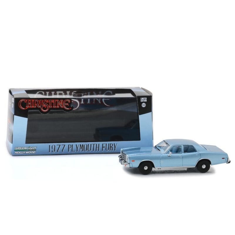 Miniatura coche Plymouth Fury 1977 Detective Junkin azul de la película Christine a escala 1/43 en embalaje de urna con soporte Greenlight