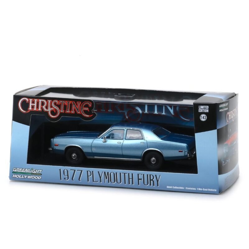 Miniatura coche Plymouth Fury 1977 Detective Junkin azul de la película Christine a escala 1/43 en embalaje de urna con soporte Greenlight