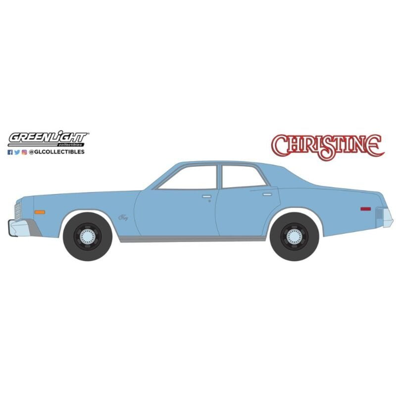 Ilustración coche Plymouth Fury 1977 Detective Junkin azul de la película Christine Greenlight