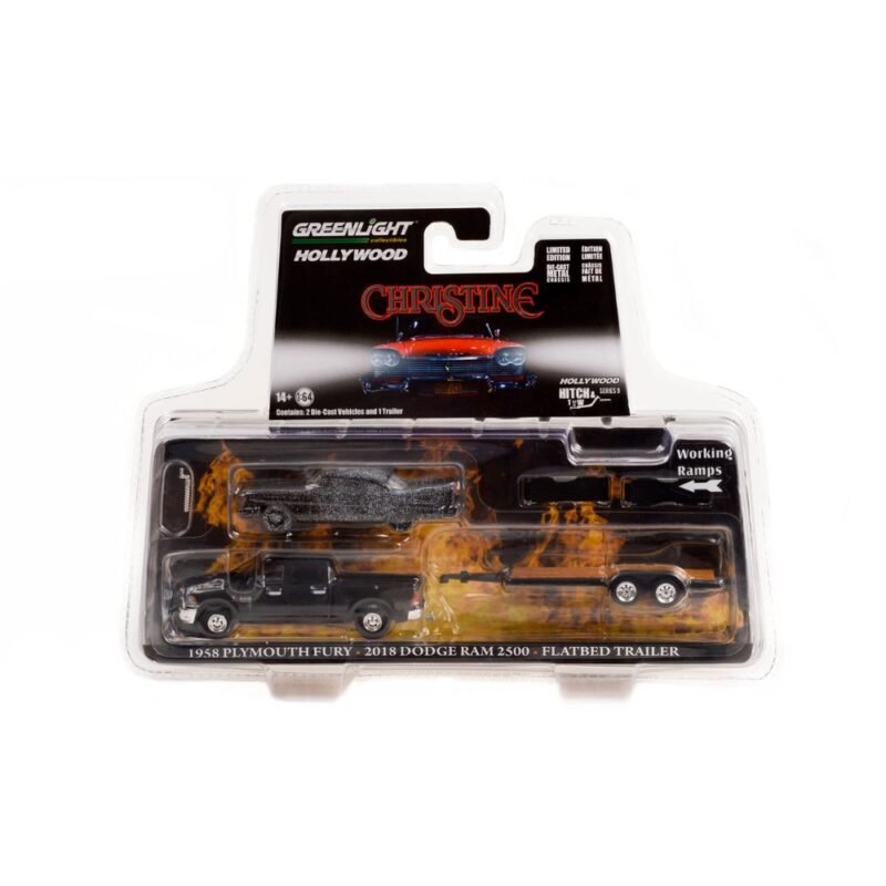 Miniatura camioneta Ram 2500 y remolque con coche Plymouth Fury 1959 versión calcinada de la película Christine a escala 1/64 en embalaje blister sellado Greenlight