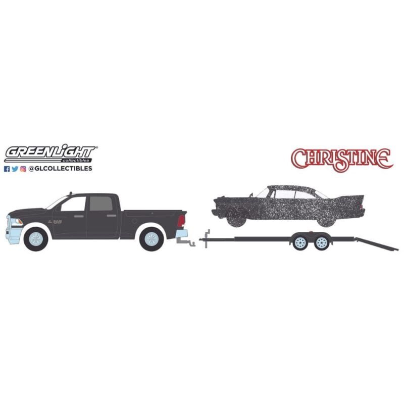 Ilustración camioneta Ram 2500 y remolque con coche Plymouth Fury 1959 versión calcinada de la película Christine Greenlight