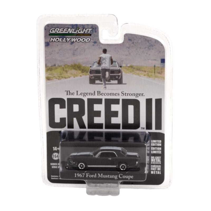 Coche miniatura Ford Mustang Coupe 1967 negro de la película Creed 2 a escala 1/64 en embalaje blister sellado Greenlight