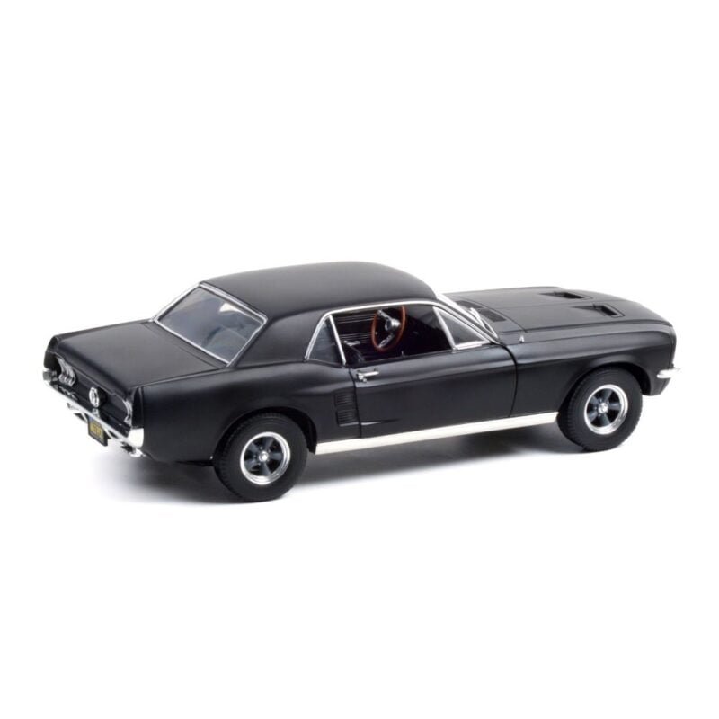 Coche miniatura Ford Mustang Coupe 1967 negro de la película Creed a escala 1/18 lateral trasero Greenlight