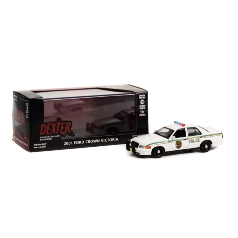 Miniatura coche de policía Ford Crown Victoria blanco - Policía Metropolitana de Miami de la serie Dexter a escala 1/43 Greenlight