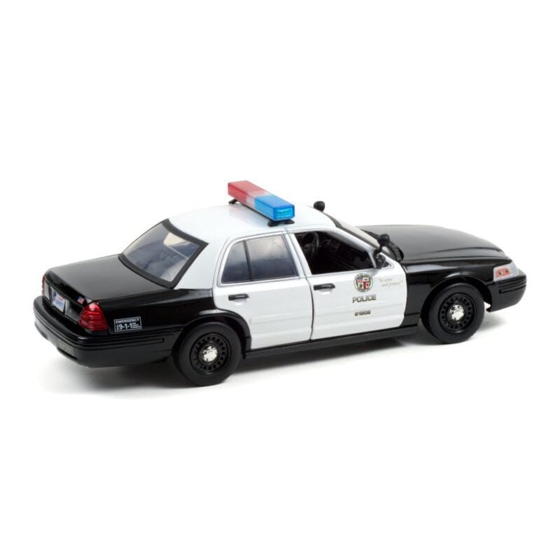 Miniatura coche de policía Ford Crown Victoria 2001 Police Interceptor blanco y negro - Los Angeles Police Department (LAPD) película Drive a escala 1/18 lateral trasero Greenlight