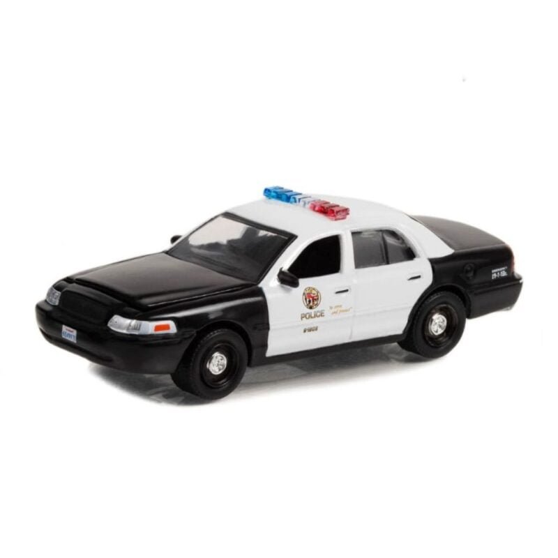 Miniatura coche de policía Ford Crown Victoria 2001 Police Interceptor blanco y negro - Los Angeles Police Department (LAPD) película Drive a escala 1/64 Greenlight