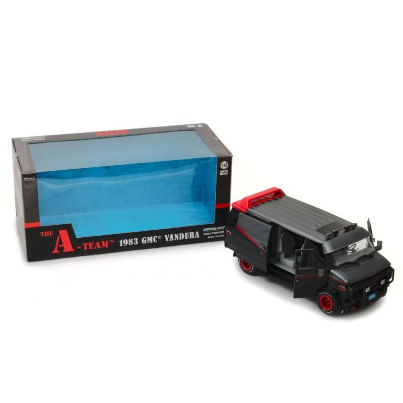 Miniatura furgoneta GMC Vandura 1983 negra de la serie El Equipo A a escala 1/18 Greenlight con caja de cartón expositora