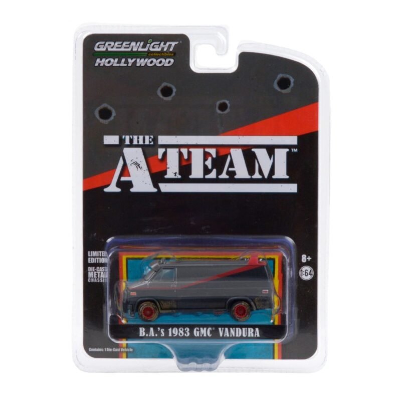 Miniatura furgoneta GMC Vandura 1983 negra sucia de la serie El Equipo A a escala 1/64 Greenlight con embalaje blister sellado