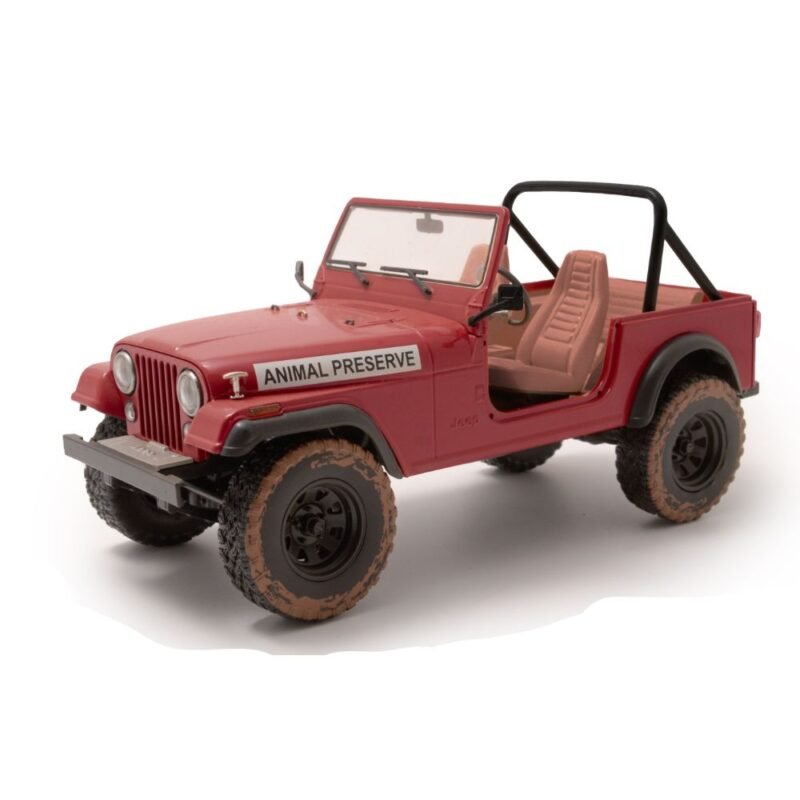 Miniatura coche Jeep CJ-7 1983 rojo Animal Preserve de la serie El Equipo A a escala 1/18 Greenlight lateral delantero