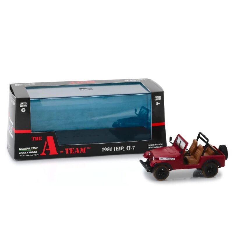 Miniatura coche Jeep CJ-7 1983 rojo Animal Preserve de la serie El Equipo A a escala 1/43 Greenlight con caja de cartón expositora