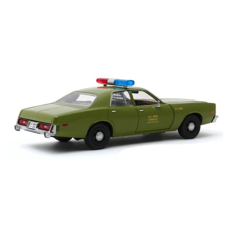 Miniatura coche Plymouth Fury 1977 verde U.S. Army Police de la serie El Equipo A a escala 1/24 Greenlight lateral trasero