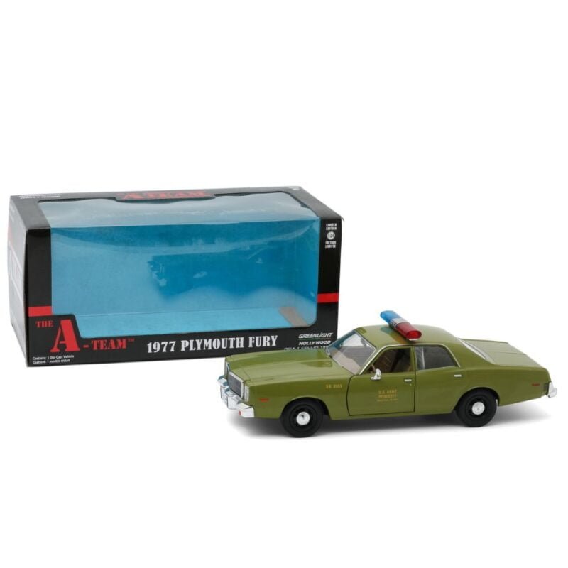 Miniatura coche Plymouth Fury 1977 verde U.S. Army Police de la serie El Equipo A a escala 1/24 Greenlight con caja de cartón expositora