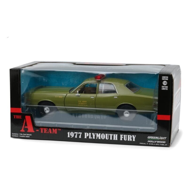 Miniatura coche Plymouth Fury 1977 verde U.S. Army Police de la serie El Equipo A a escala 1/24 Greenlight con caja de cartón expositora