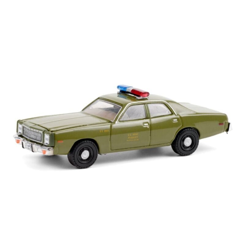 Miniatura coche Plymouth Fury 1977 verde U.S. Army Police de la serie El Equipo A a escala 1/64 Greenlight