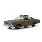 Miniatura coche Plymouth Fury 1977 verde U.S. Army Police de la serie El Equipo A a escala 1/18 Greenlight lateral delantero