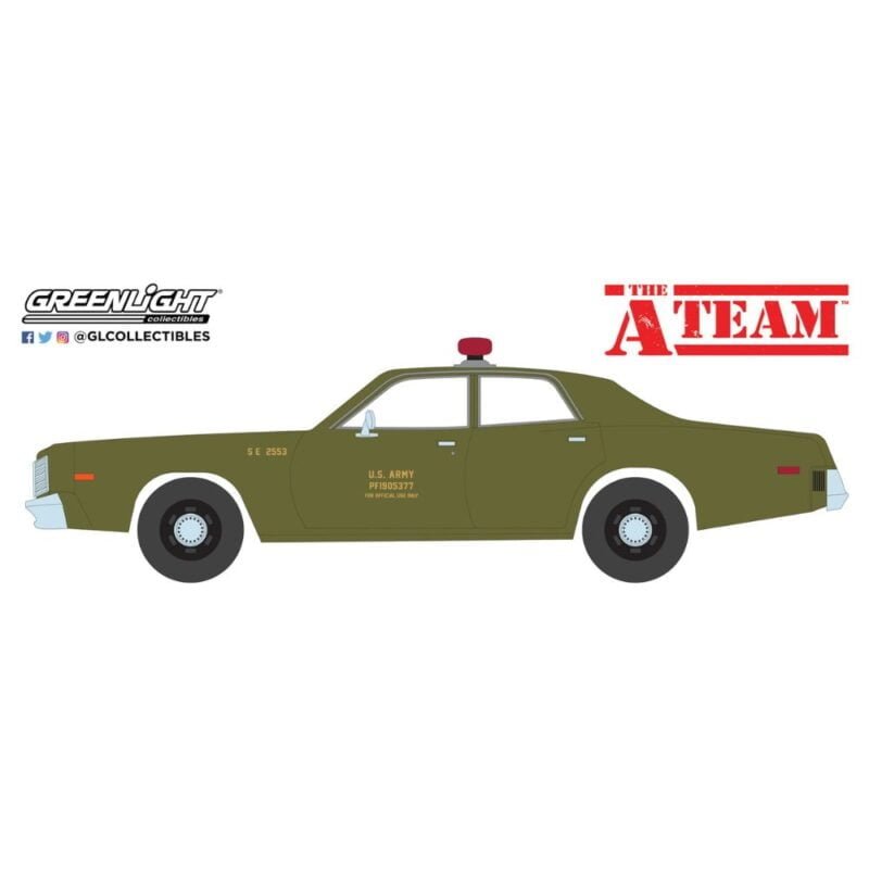 Ilustración coche Plymouth Fury 1977 verde U.S. Army Police de la serie El Equipo A Greenlight