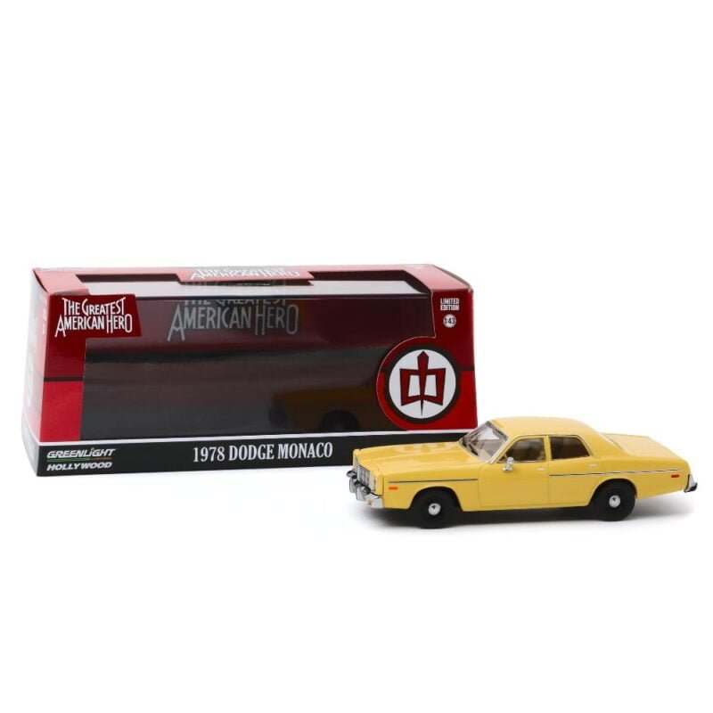 Miniatura coche Donde Monaco 1978 amarillo de la serie El Gran Héroe Americano a escala 1/43 Greenlight con urna expositora con peana