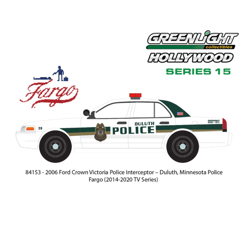 Ilustración coche policía Ford Crown Victoria Police Interceptor 2006 blanco serie Fargo Greenlight