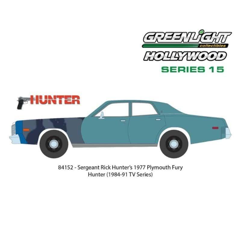 Ilustración coche Plymouth Fury 1977 azul de la serie Hunter Greenlight