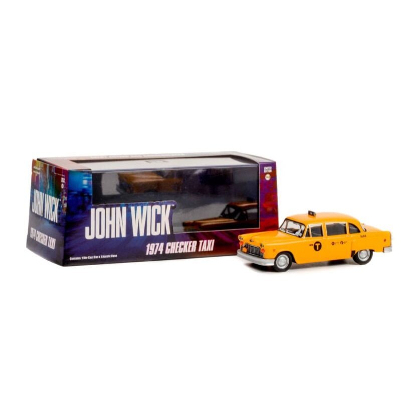 Miniatura coche Checker Motors Taxi Marathon A11 1974 amarillo de la película John Wick 3 a escala 1/43 Greenlight