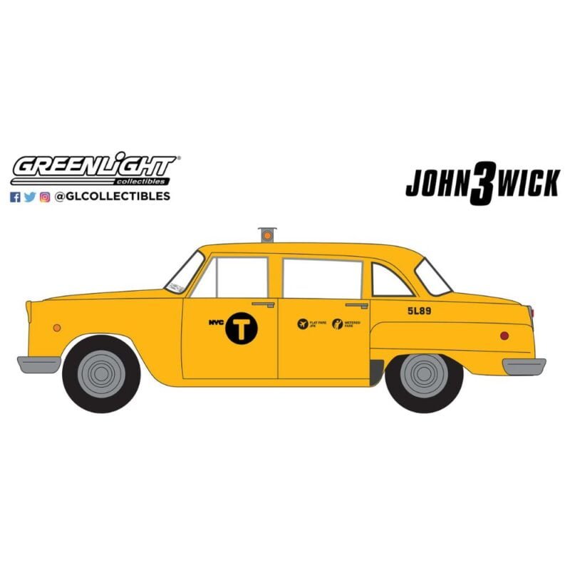 Ilustración coche Checker Motors Taxi Marathon A11 1974 amarillo de la película John Wick 3 a escala 1/43 Greenlight