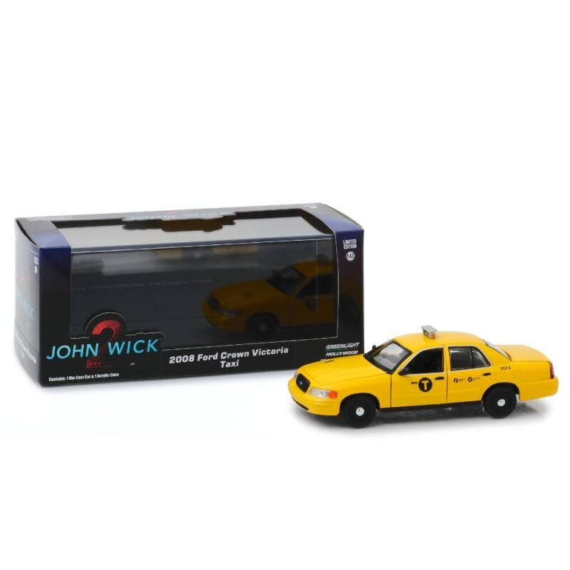 Miniatura coche Ford Crown Victoria Taxi 2008 amarillo de la película John Wick 2 a escala 1/43 Greenlight con caja de cartón expositora