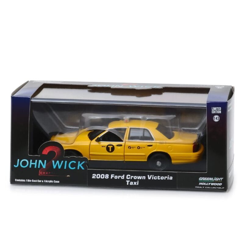 Miniatura coche Ford Crown Victoria Taxi 2008 amarillo de la película John Wick 2 a escala 1/43 Greenlight con caja de cartón expositora