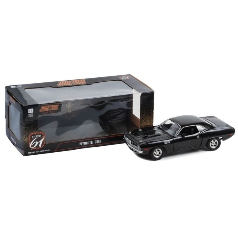 Miniatura coche Plymouth Cuda negro de la película John Wick 4 a escala 1/18 Greenlight