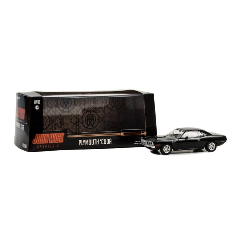 Miniatura coche Plymouth Cuda negro de la película John Wick 4 a escala 1/43 Greenlight