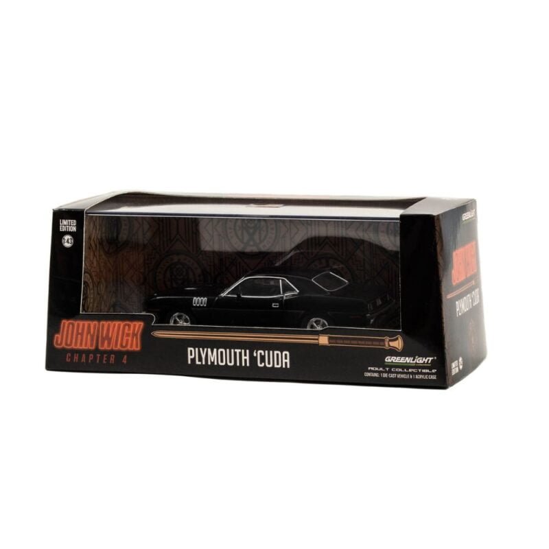 Miniatura coche Plymouth Cuda negro de la película John Wick 4 a escala 1/43 Greenlight