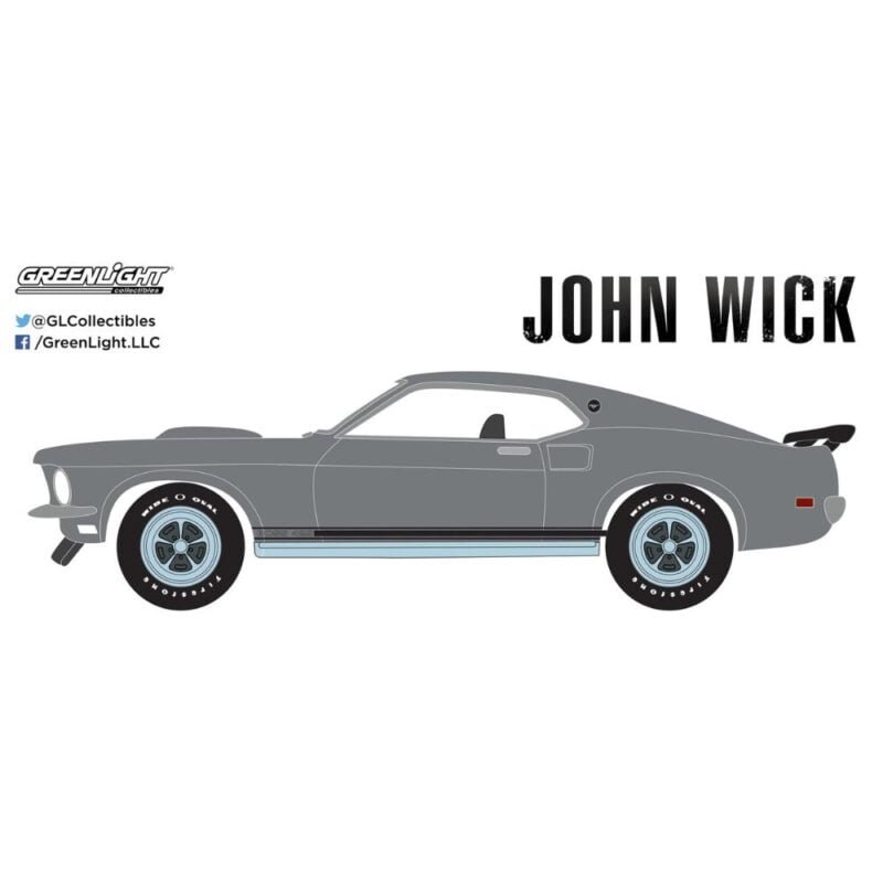 Ilustración coche Ford Mustang Boss 429 1969 gris de la película John Wick Greenlight