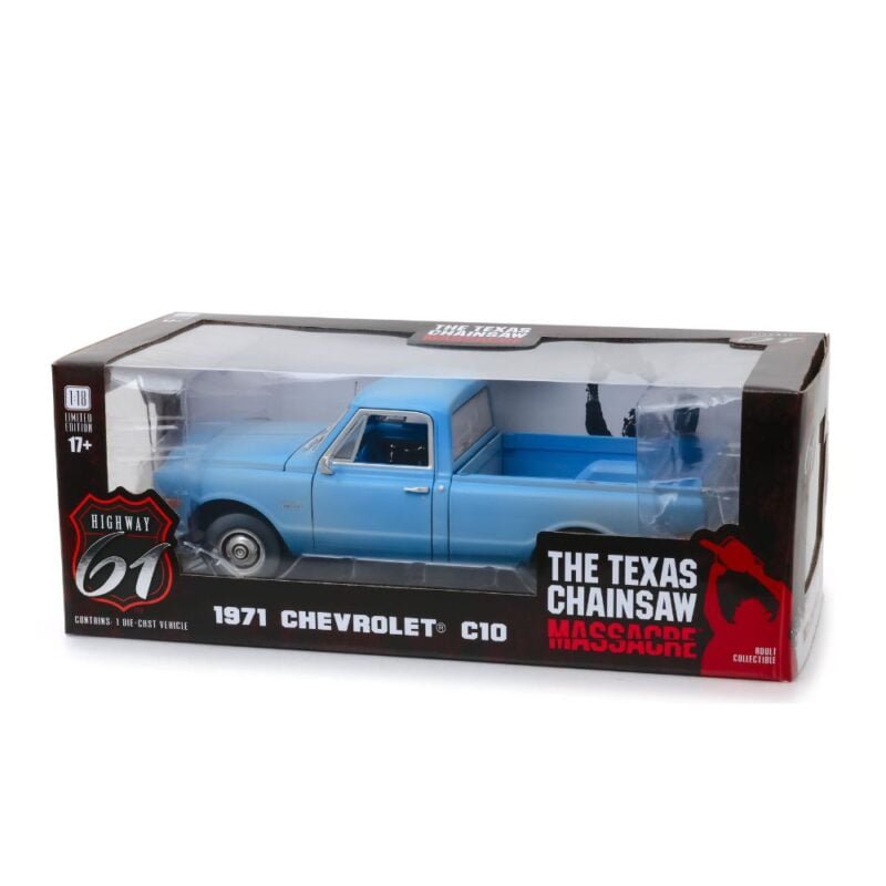 Miniatura camioneta Chevrolet C-10 1974 azul de la película La Matanza de Texas a escala 1/18 Greenlight con caja de cartón expositora