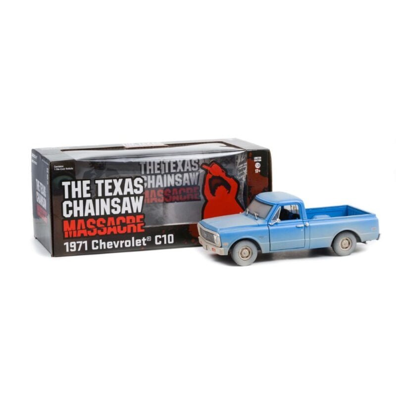 Miniatura camioneta Chevrolet C-10 1974 azul de la película La Matanza de Texas a escala 1/24 Greenlight con caja de cartón expositora