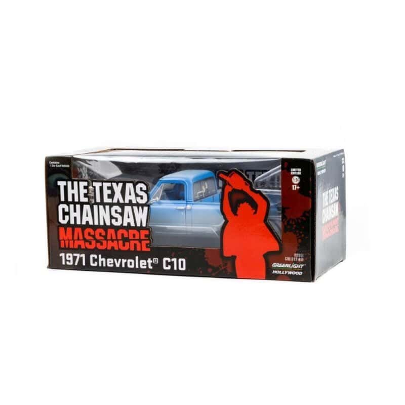 Miniatura camioneta Chevrolet C-10 1974 azul de la película La Matanza de Texas a escala 1/24 Greenlight con caja de cartón expositora