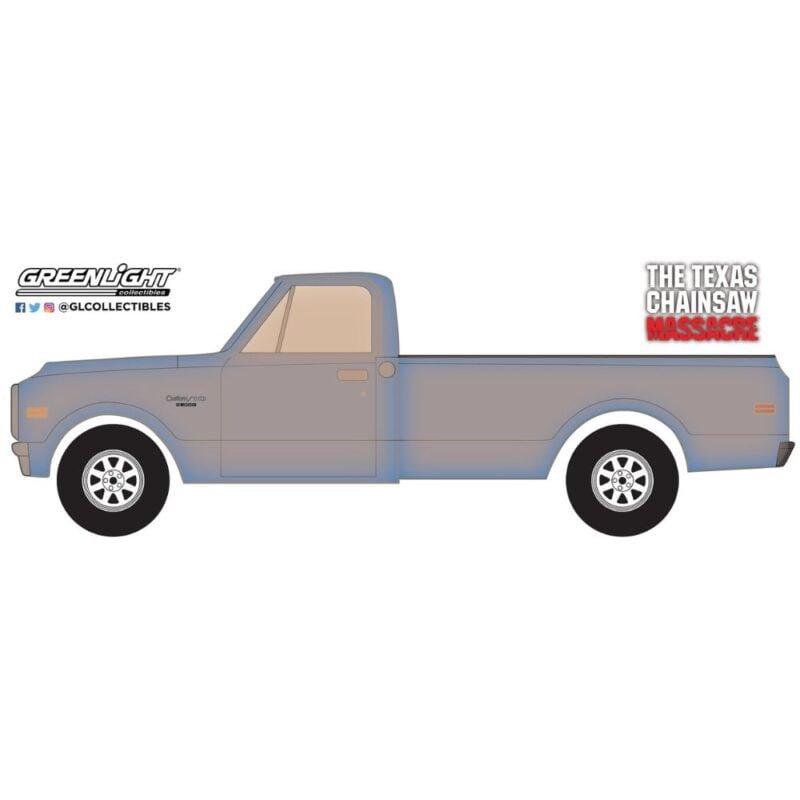 Ilustración camioneta Chevrolet C-10 1974 azul de la película La Matanza de Texas Greenlight