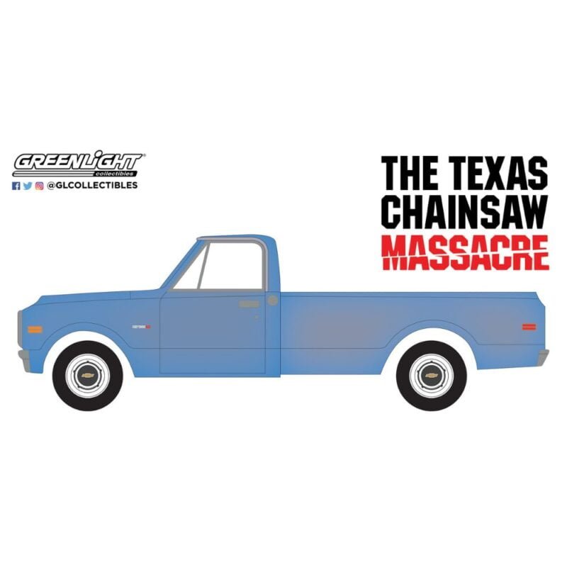 Ilustración camioneta Chevrolet C-10 1974 azul de la película La Matanza de Texas Greenlight