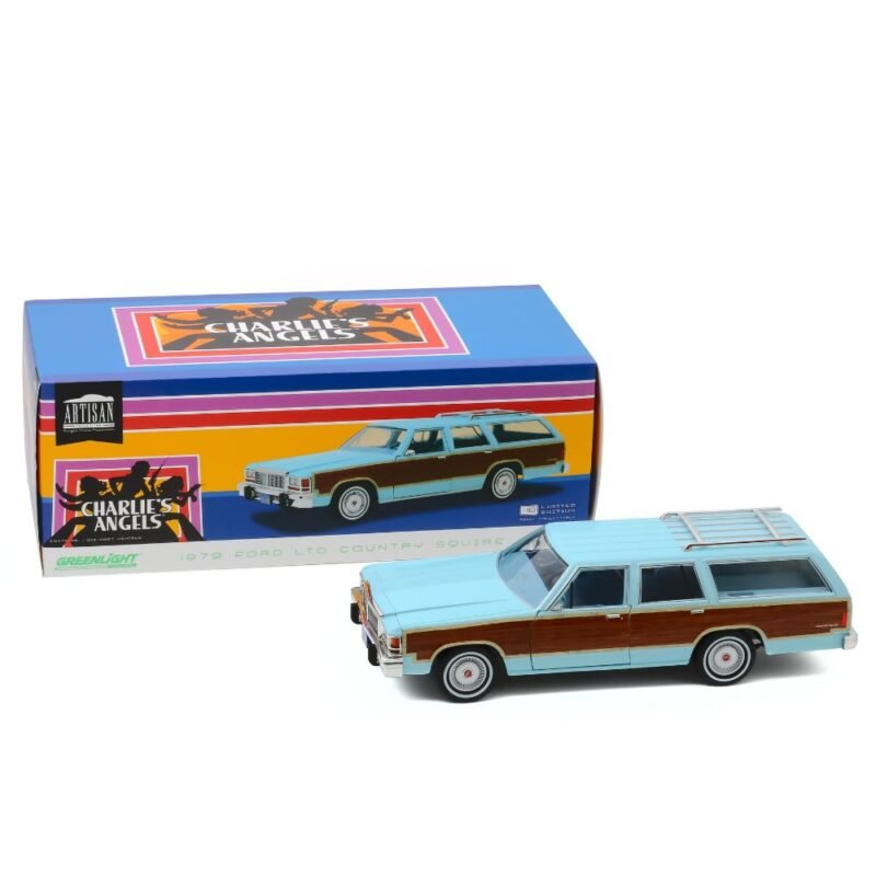 Miniatura coche ranchera Ford LTD Country Squire azul de la serie Los Ángeles de Charlie a escala 1/18 Greenlight