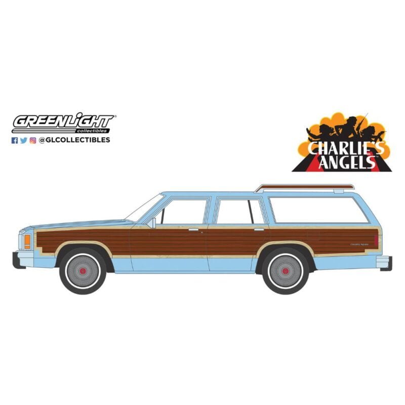 Ilustración coche ranchera Ford LTD Country Squire azul de la serie Los Ángeles de Charlie Greenlight