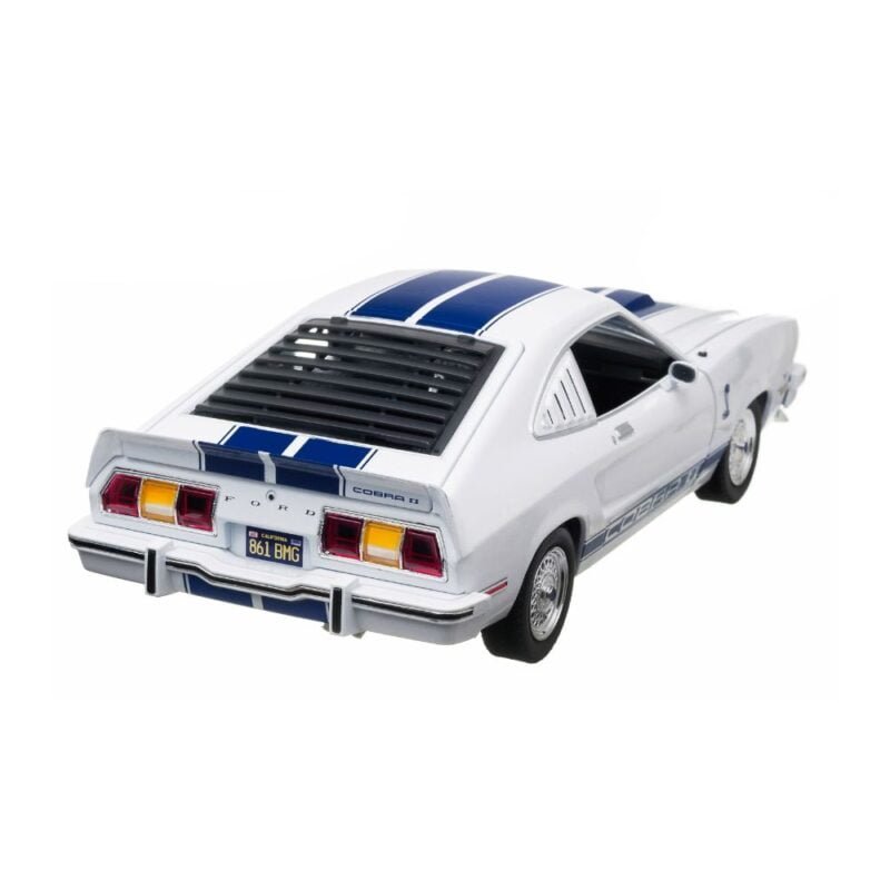 Miniatura coche Ford Mustang Cobra II 1976 blanco con rayas azules de la serie Los Ángeles de Charlie a escala 1/18 Greenlight