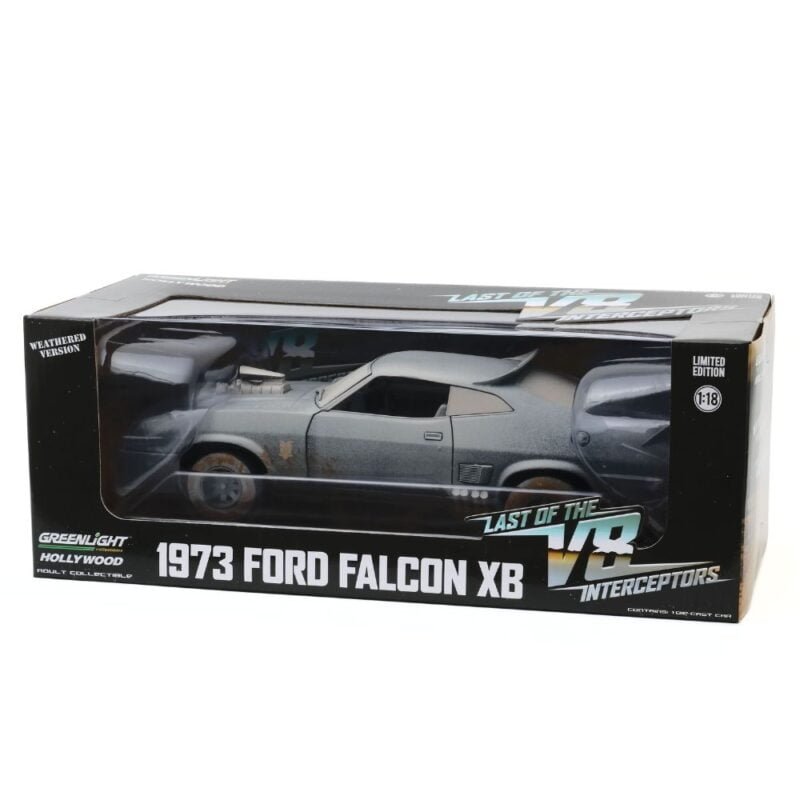 Miniatura coche Ford Falcon XB V8 1979 Interceptor negro sucio de la película Mad Max a escala 1/18 Greenlight con caja de cartón expositora