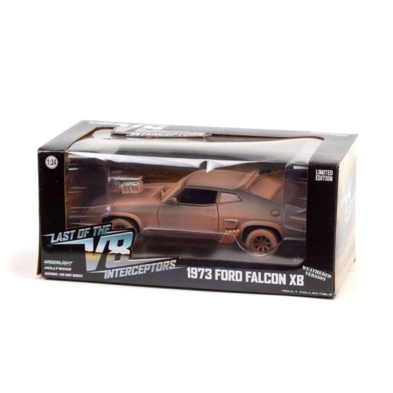 Miniatura coche Ford Falcon XB V8 1979 Interceptor negro sucio de la película Mad Max a escala 1/24 Greenlight con caja de cartón expositora