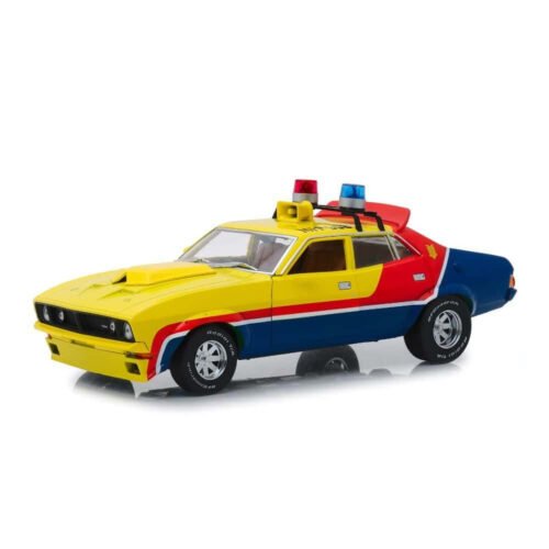 Miniatura coche Ford Falcon XB V8 1979 Interceptor amarillo, rojo y azul de la película Mad Max a escala 1/18 Greenlight