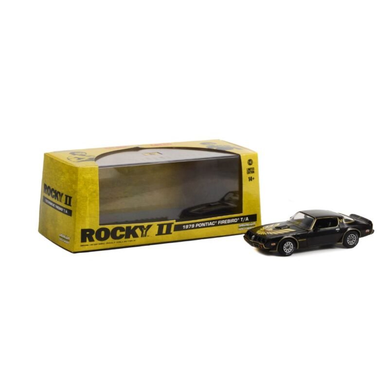 Miniatura coche Pontiac Firebird Trans Am 1979 negro película Rocky 2 a escala 1/43 en embalaje de urna con soporte Greenlight