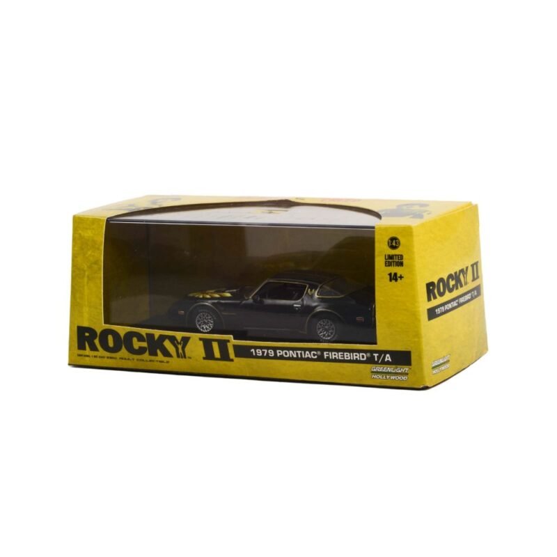 Miniatura coche Pontiac Firebird Trans Am 1979 negro película Rocky 2 a escala 1/43 en embalaje de urna con soporte Greenlight